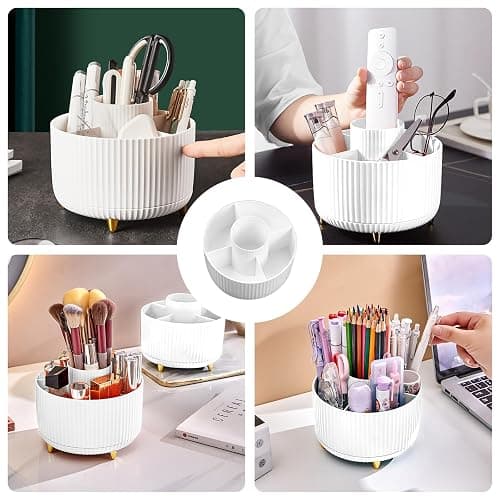 Diesisa Makeup Brush Holder Organizer,360° Rotating Makeup Brush Organizer,5 Slot Make up Brushes Cup for Cosmetics, Nail Polish, Art Supply, Bathroom Vanity Desktop Organizer - White thumbnail 5