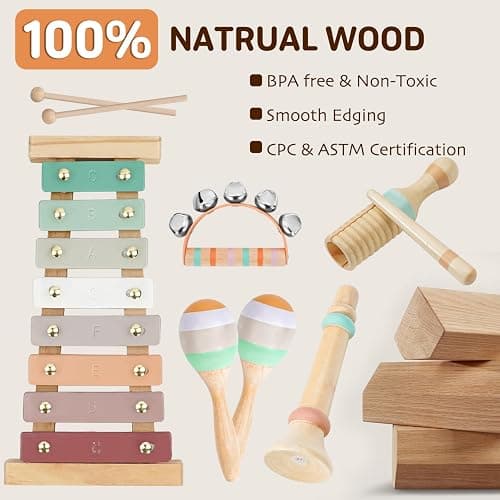 LeeQee Montessori Toys for 1 2 3 Year Old - Wooden Toys Baby Musical Instruments, Neutral Colors Percussion Instruments Set with Modern Boho Xylophone for Toddlers 3+ Music Education thumbnail 3