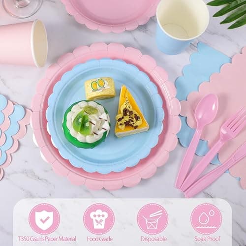 Xiangqu 350 Pcs Baby Gender Reveal Plates and Napkins, 50 Guest Boy or Girl Gender Reveal Party Supplies Include Light Pink and Light Blue Plates Napkin Cup Plastic Spoon Fork Knive for Baby Shower thumbnail 2