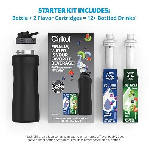 Cirkul 32oz. Matte Black Stainless Steel Water Bottle Starter Kit with Black Lid and 2 Flavor Cartridges (1 LifeSip Blueberry Grape, 1 GoSip Kiwi Berry) No Sugar, Zero Calorie Drink Mix thumbnail 3