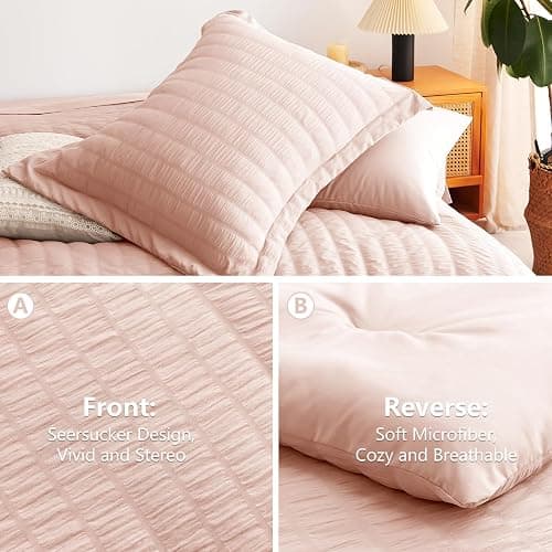 CozyLux King Size Comforter Set Blush Pink Seersucker 7 Pieces Bed in a Bag King Comforter Set with Sheets, Luxury Bedding Set with Down Alternative Comforter, Sheets, Pillowcases & Shams All Seasons thumbnail 5