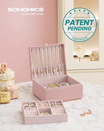 SONGMICS 2-Layer Jewelry Box, Jewelry Organizer with Handle, Removable Jewelry Tray, Jewelry Storage, Floating Effect, 8.1 x 9.4 x 4.3 Inches, Gift Idea, Jelly Pink UJBC165R01 thumbnail 3