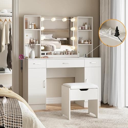 Vabches Makeup Vanity Table with Lighted Mirror & Power Strip, Large Vanity Set Vanity Desk with Storage Stool, 3 Lighting Modes, Brightness Adjustable, 45.2in(L) - Image 1