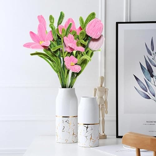 IJIAMY 400 Stück Pfeifenreiniger Blumen Set, Pfeifenputzer Blumen Zum Basteln, Mit Grüne Blumenstöcke, Klebebandrollen, Klebestifte, Anleitungen (Rosa) thumbnail 4