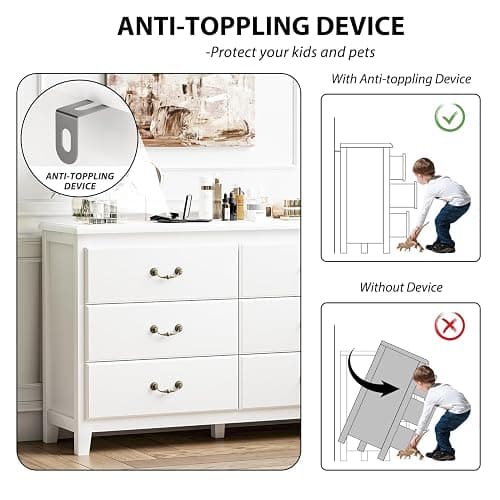 White Dresser, Modern 6 Drawer Double Dresser for Bedroom Adults & Kids with Vintage Gold Handles, Wide Dressers & Chests of Drawers, 6 Drawer Dressers for Hallway, Antique White thumbnail 9