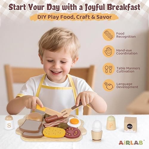 Airlab Toy Food for Toddler 3-5 Pretend Play Kids Kitchen Playset Breakfast Cutting Food Girl Boy Birthday Gift Age 3 4 5 6 Year Old Wood Educational Toys Kitchen Accessories thumbnail 2
