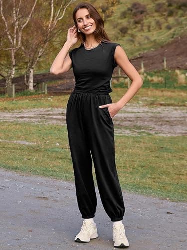 Glamaker Women's Two Piece Athletic Sets Casual Workout Sleeveless Cropped Tops High Sweatpants Joggers Tracksuits thumbnail 6