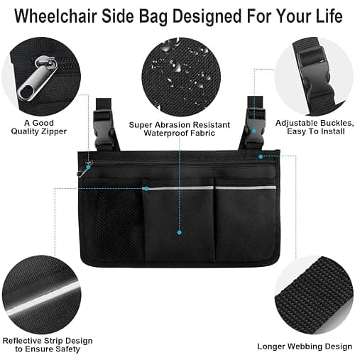 HSGEZUOQI Wheelchair Side Bag, Armrest Storage Pouch with Cup Holder and Reflective Strip Use of Waterproof Fabric for Most Wheelchairs, Walkers or Rollators (Black) thumbnail 5