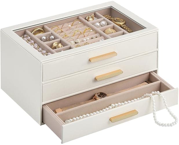 Lolalet Jewelry Box Organizer, 3-Layer Jewelry Organizers and Storage Case with Glass Lid, Ring Earring Bracelet Necklace Holder Organizer, Birthday Christmas Gifts for Women Girls -3Layer, Beige - Image 1