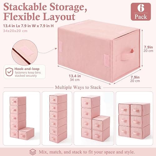 Weysat 6 Pack Large Dorm Stackable Drawers Dorm Essential Under Bed Storage Collapsible Closet Organizer with Drawers Shelf Storage Fabric, Clothes, Towels for College Bedroom Living Room(Pink) thumbnail 2