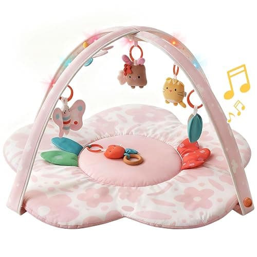 Baby Play Gym & Activity Mat with Light-up Musical Arch, Washable Tummy Time Mat with 6 Detachable Sensory Toys for Motor Skills, Baby Essentials Shower Gift - Updated Spring Blossoms Themed - Image 1