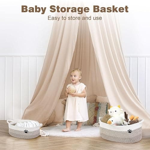 Optish Dog Toy Basket, Toy Box and Bin for Dog Cat Storage, 19.7" X 11" X 7.9" (30L) Large Woven Rope Basket for Blanket Storage, Living Room, Bedroom, White & Brown thumbnail 4