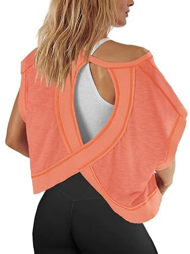 Panadila Womens Open Back Workout Top Oversized Workout T Shirts Backless Athletic Shirt Short Sleeve Baby Tee - Image 1