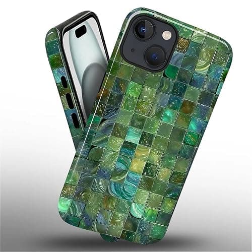 Kapadiy Case for iPhone 15 Case,Green Toned Glass Mosaic Patten Design - Hybrid Dual Protection Silicone + Hard PC Shockproof Full Body Cover Slim Anti-Scratch Protective Case for Men Women thumbnail 2