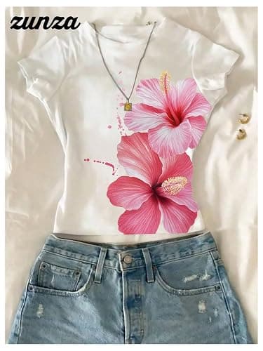 RoseSeek Girl's Floral Graphic Crop Tops Tees Short Sleeve Cute T Shirt | Crewneck, Slim Fit, Summer Tops thumbnail 4