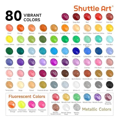 Shuttle Art 80 Colors Acrylic Paint, Acrylic Paint set with 12 Paint Brushes, 2oz/60ml Bottles, Rich Pigmented, Premium Paints for Artists, Beginners and Kids on Canvas Rocks Wood Ceramic thumbnail 3