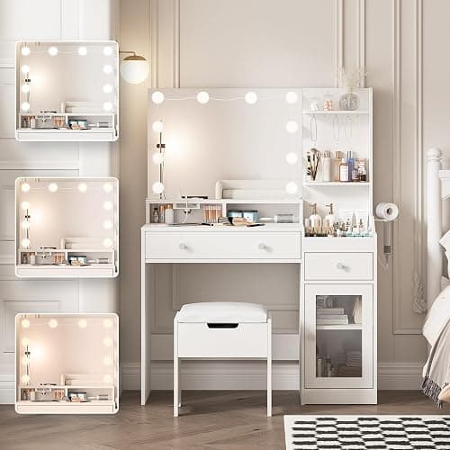Vabches Vanity with Mirror and Lights, Makeup Vanity Table with Charging Station, Cute Vanity Set with Comfortable Bench, Dressing Table with 3 Storage Compartments, 39.8inch, White thumbnail 8