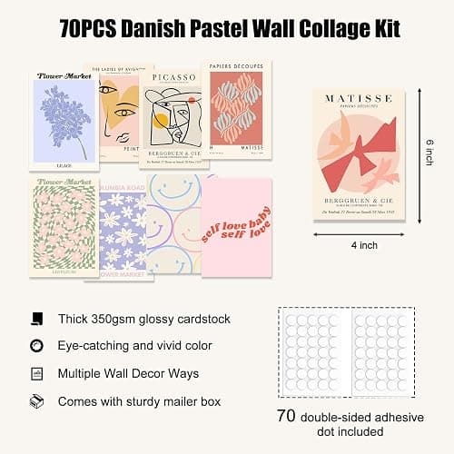KBKBART 70pcs Danish Pastel Wall Collage Kit Aesthetic Pictures, Cute Danish Pastel Posters Matisse Wall Art Prints Preppy Room Decor 4"x6" for Teens Girls Women Dorm Bedroom thumbnail 5