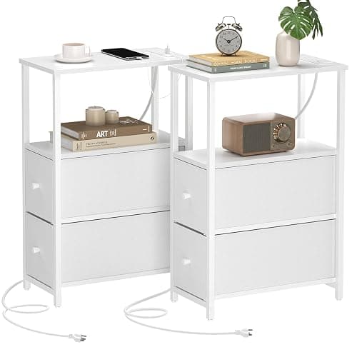 TUTOTAK Small Narrow End Table with Charging Station, Set of 2, Side Table with Outlets, Nightstand with 2 Cloth Drawers, Couch Table, for Living Room, Bedroom, Bedside, White TB01BW055 - Image 1