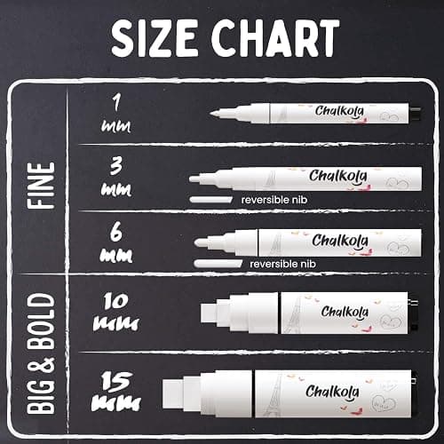 Chalkola 5 White Chalk Markers for Chalkboard Signs, Blackboard, Car Window, Bistro, Glass | 5 Variety Pack - Thin, Fine Tip, Bold & Jumbo Size Erasable Liquid Chalk Pens (1mm, 3mm, 6mm, 10mm, 15mm) thumbnail 2