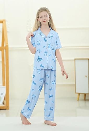 Umeyda Girls Pajamas Set Button Down Notch Collar Soft Short Sleeve Pjs Set with Long Pant Set Lounge Set thumbnail 2