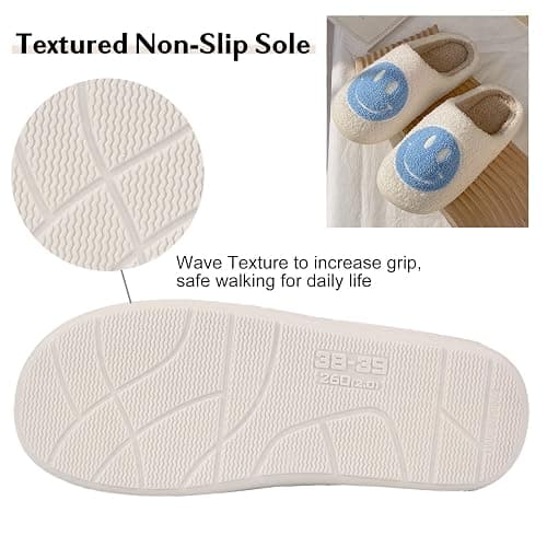 FACAXEDRE Smile Face Slippers for Women - Indoor Outdoor Retro Happy House Slides, Soft Fluffy Cushion Furry Shoes - Blue - 6.5-7.5 Women/5.5-6.5 Men thumbnail 4