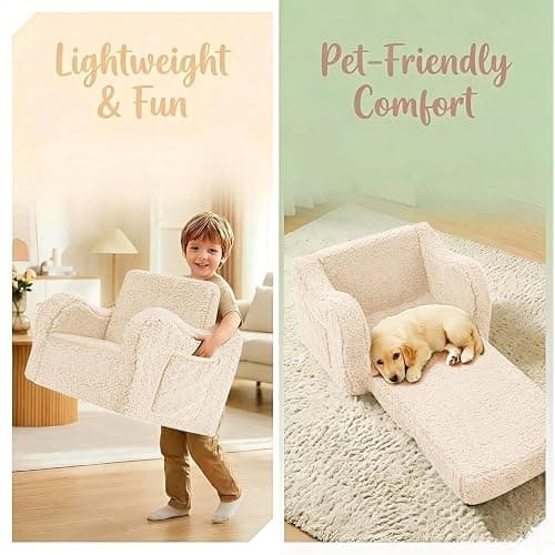 MOMCAYWEX Kids Sofa Chair, 2-in-1 Foldable Couch, Sherpa, Cream | Fold-Out Sofa Furniture, Removable Washable Soft Cover, Lightweight, Reading Playing Comfy Convertible Chair, Boys Girls thumbnail 5