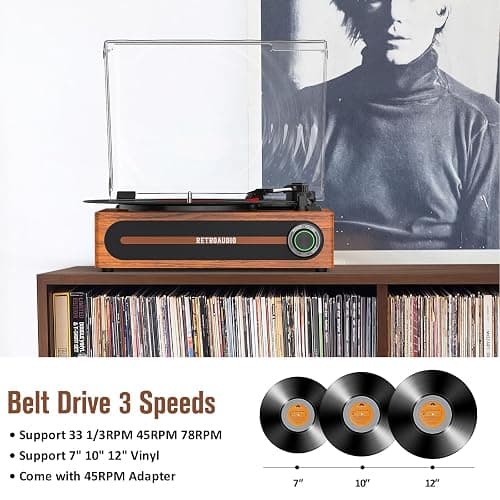 Record Player with Bulit-in Speaker Vintage Belt-Driven Turntable with Bluetooth Wireless Playback Support 3-Speed 33 1/3, 45, 78RPM AUX-in RCA Out Vinyl Players thumbnail 4