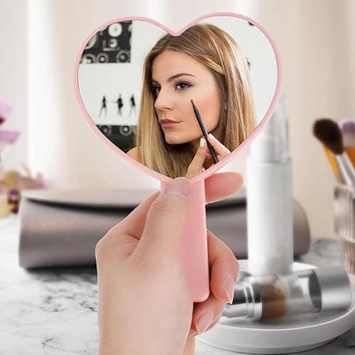 Dimeho Heart-Shaped Travel Handheld Mirror, Heart-Shaped Makeup Hand Mirror with Handle, Portable Cosmetic Mirror for Women (Pink) thumbnail 2