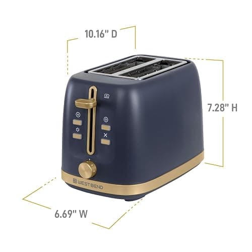 West Bend Timeless 2-Slice Toaster with 7 Browning Levels, Bagel/Waffle/Defrost Settings, High-Lift Lever, Anti-Jam, Easy-Clean Crumb Tray, 2-Slice, Blue/Gold thumbnail 2