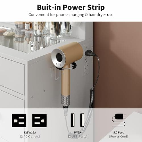 Vanity Desk with Power Outlet, 9 Drawers Makeup Vanity with Mirror and 12 LED Lights, 3 Lighting Modes, Brightness Adjustable, Glass Top Vanity Set, Fold-up Panel, Dressing Table for Bedroom thumbnail 6