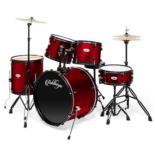 Ashthorpe 5-Piece Complete Full Size Adult Drum Set with Remo Batter Heads - Red - Image 1