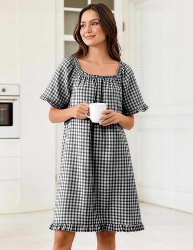 Flygo Womens Gingham Nightgown Cotton Pullover House Dress with Pockets | Square Neck, Short Sleeve, Y2K Plaid Print, Knee Length Cut, Loose Fit, Cute Ruffle Sleep Dress, for Loungewear, Maternity thumbnail 4