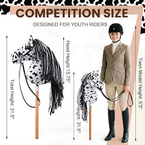 Teyva Daily Large Hobby Horse, Realistic Head, Long Flowing Mane, Removable Leather Reins, Solid Wooden Stick for Equestrian Training & Competition, Screen-Free Fun for Active Kids(Black and White) thumbnail 3