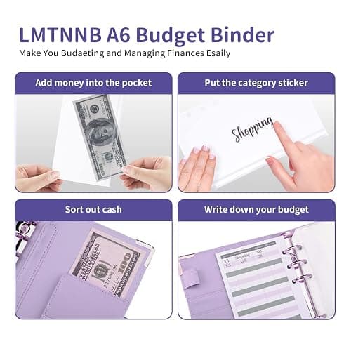 Budget Binder, A6 Marble PU Leather Binder, 6 Ring Budget Planner Organizer with 8 Zipper Cash Envelopes, 12 Expense Budget Sheets, 2 Letter Label Sticker for Budgeting, Saving Money (Purple) thumbnail 6