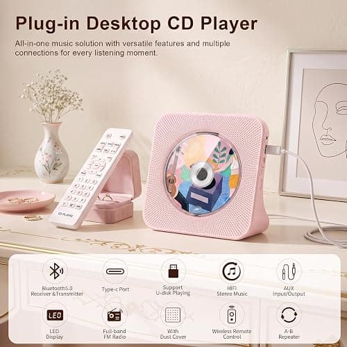 Portable CD Player with Bluetooth, Gueray Desktop CD Players for Home, Bulit-in Double HiFi Speakers, AUX&Headphone Jack, FM Radio Boombox with Remote Control, USB Port,LCD Display(Pink) thumbnail 2