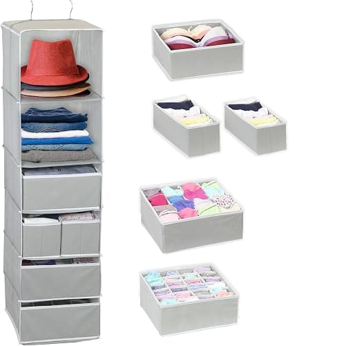 Simple Houseware 6 Shelf Hanging Closet Organizer with 5 Drawers Storage, Grey - Image 1
