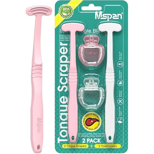 Mspan Tongue Scraper Cleaner Brush: Tongue Care Cleaning Scrubber with Plastic Travel Case Cover for Adults kids - Clean Oral Bad Breath Pink White 2 Pack - Image 1
