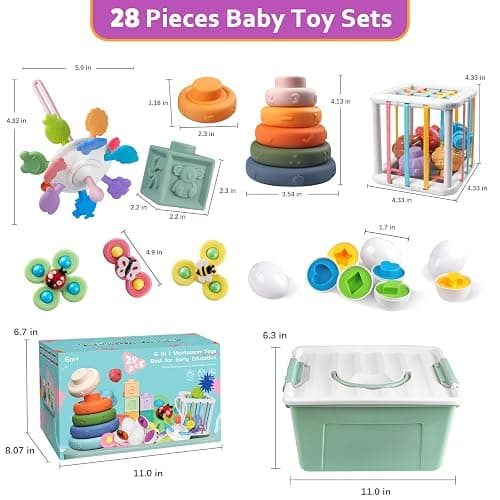 Weilim Baby Toys for 6 to 12 Months, Montessori Sensory Bins & Teething Toys, 6 in 1 Stacking Blocks, Rings, Eggs, Spinner, Crab Shape, 27 Pieces, Ages 6-36 Months thumbnail 2