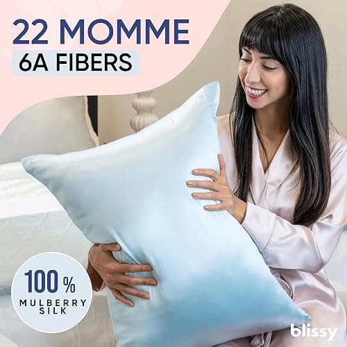 Blissy Silk Pillowcase - 100% Pure Mulberry Silk - 22 Momme 6A High-Grade Fibers - Silk Pillow Cover for Hair & Skin - Regular, Queen & King (Sky Blue, Standard) thumbnail 2