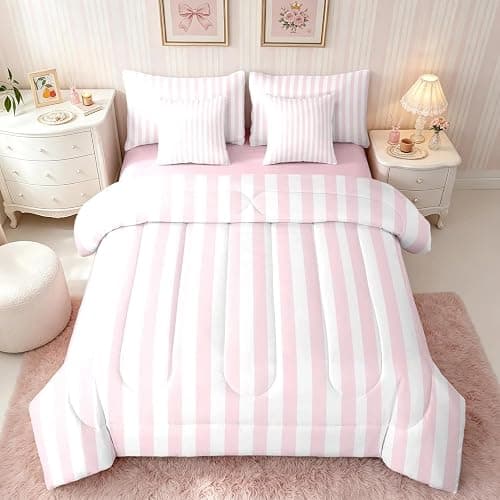 Feelyou White Pink Striped Comforter Set with Sheets 7 Piece Twin Size Striped Bed in a Bag Kids Boys Girls Bedding Set Basic Simple Bedroom Decor Breathable Soft Lightweight Microfiber - Image 1