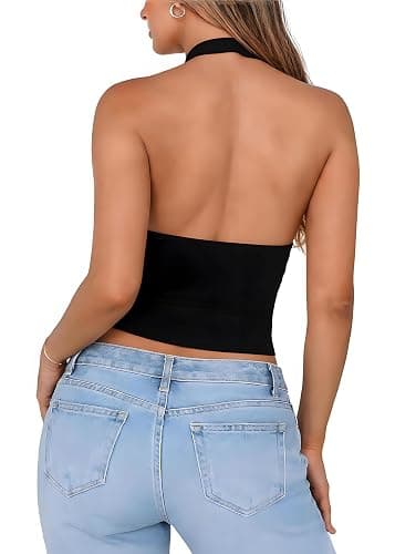 ForeFair Women Sexy Halter Neck Backless Going Out Crop Tank Top Deep V Neck Open Back Sleeveless Slim Fit Y2k Summer Tops thumbnail 4