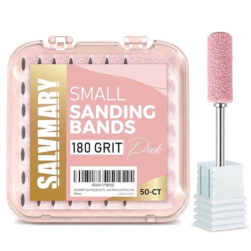 SALVMARY Sanding Bands for Nail Drill with 3.1MM Mandrel Bit Set, 180 Fine Grit Small Nail Files Sanding Band for Acrylic Nails Gel Manicure and Pedicure 50 Pcs, Pink - Image 1