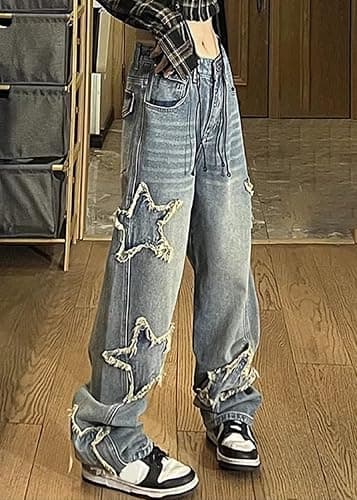AULKEEP Womens Star Print Gradient Jeans Loose Ripped Graphic Pants Punk High Waist Bottom Jeans with Pocket thumbnail 2