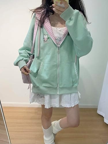 Dynict Womens Y2K Zip Up Cute Graphic Hoodies Cat Ears Casual Cartoon Harajuku Kawaii Clothes Oversize Streetwear Jacket thumbnail 4