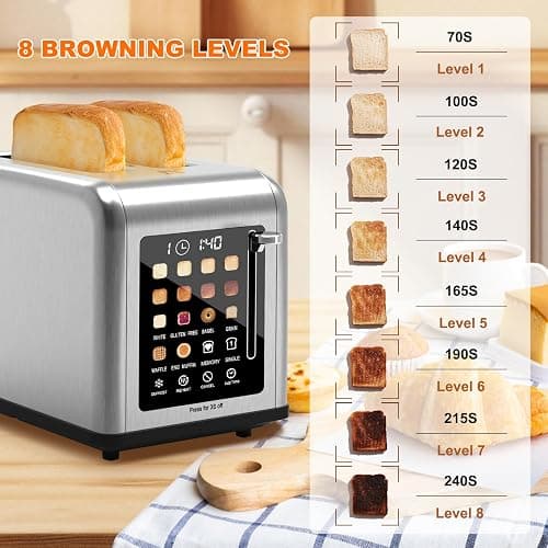 2 Slice Toaster Touch Screen, Stainless Steel Toasters Digital Timer 2 Slot Toasters, 8 Shade Settings 6 Bread Types for Bagel, Cancel, Defrost（Stainless Steel） thumbnail 4