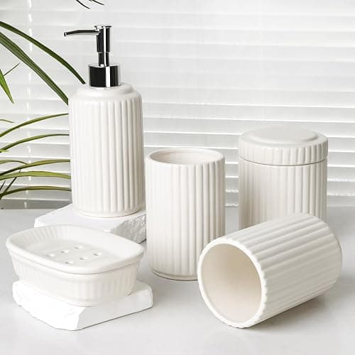 NOVAJOY Badezimmer Set Keramik – 5 Teile, Badezimmer Organizer mit Seifenspender, Seifenschale, Zahnbürstenhalter, Wattestäbchen Kanister, Hochwertiges Badezimmer Deko Set (Beige Weiß) thumbnail 2