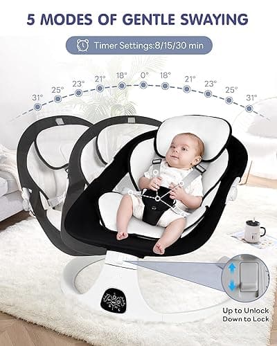 Electric Baby Swings for Infants to Toddler Baby Swing with 5-Speed 3-Seat Positions 5-Point Carabiner,with Bluetooth Music 10-Preset Melodies (Black White) thumbnail 2