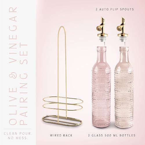 COOK WITH COLOR Glass Olive Oil Bottle Dispenser - 2 Pack- 17oz Oil and Vinegar Cruet - Olive Oil Carafe Decanter for Kitchen, Champagne Bubbles, Pink thumbnail 4