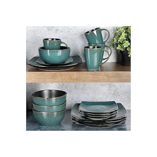 Gibson Elite Soho Lounge 16 Piece Reactive Glaze Dinnerware Set, Soft Square, Teal Green, Service for 4 (16pc) thumbnail 2
